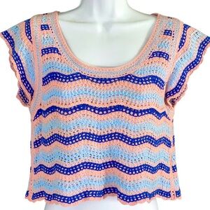 Rebellion Colorful Crochet Crop Top Flutter Sleeves M Summer Beach Resort Cruise